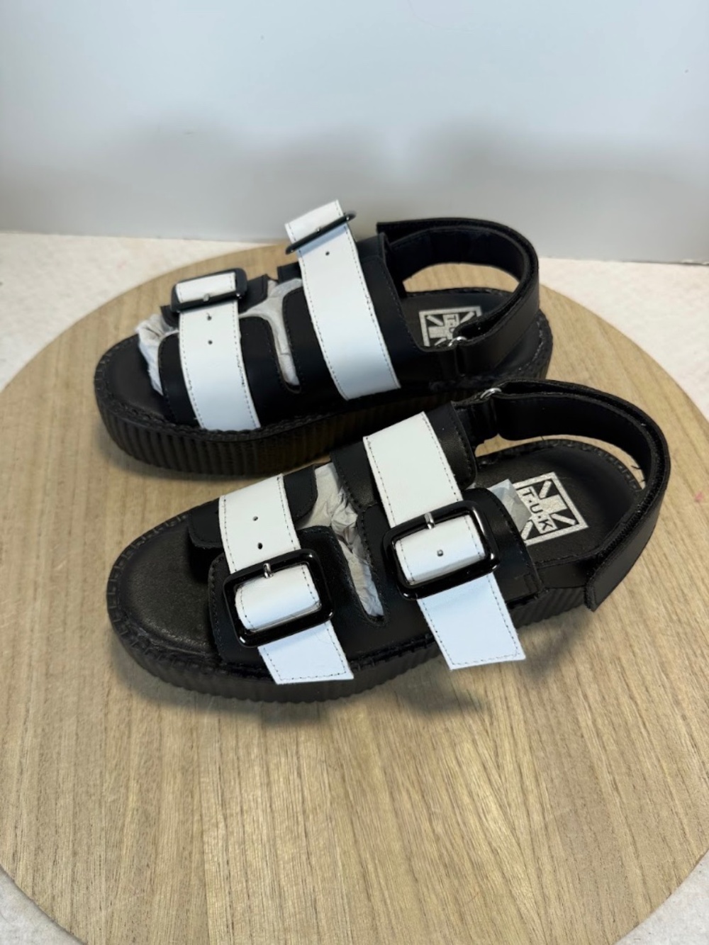 T.U.K. Black White Platform Buckle Sandals Women US 7 EU 39 Goth Punk Vegan NWOT